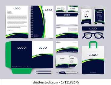 Blue and green Corporate Brand Identity Mock-up set. Business Stationery mock-up. Personal Branding mock-up of corporate notepad, blank, envelope, business card,