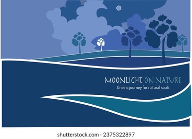 Tapa verde azul, composición gráfica. Luz de la luna en árboles y campos. Grabación de títulos