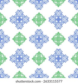Blue and green damask seamless pattern with decorative flowers. Ornament for fabric, wallpaper, and packaging. Decorative flowers. Victorian style.