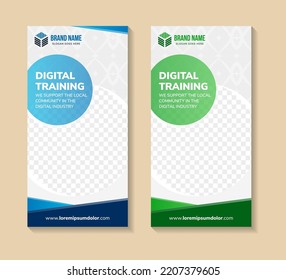 blue and green digital Training Growing Team Building Leadership Business Roll Up Banner Stand brochure gradient design template creative concept. Cover presentation. Publication. Abstract photo space