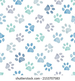 Blue and green dog cat paw prints seamless fabric design pattern background