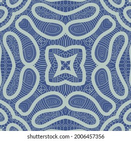 Blue and green doodle seamless pattern. Hand drawn line mandala background. Art sketch drawing. Fashion lace texture for textile fabric, paper print. Ethnic ornamental decor for shawl, scarf, hijab