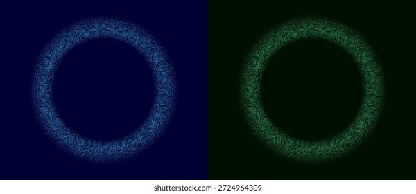 Los puntos azules y verdes forman un anillo de semitono circular sobre fondo oscuro con un degradado brillante. La textura digital Abstractas hace ilusión profunda, conveniente como icono de la IA, logotipo, muestra o elemento gráfico mínimo.