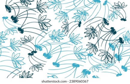 Blue and green drawing line of seamless grass flower pattern, design for fabrics print or wallpaper, hand drawing vector, Isolated floral elements, daisy, aster, chrysanthemum. Line children drawings