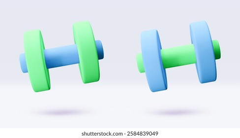 Blue and green Dumbbell Realistic icon, 3d render. Isolated on white backround. Sport And Fitness design set. Vector illustration for shop, flyer, banner, web, advertising, sale