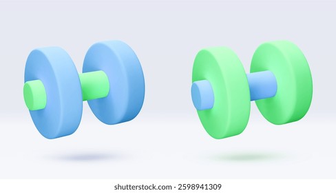 Blue and green Dumbbell Realistic icon, 3d render. Isolated on white backround. Sport And Fitness design set. Vector illustration for shop, flyer, banner, web, advertising, sale