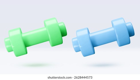 Blue and green Dumbbell Realistic icon, 3d render. Isolated on white backround. Sport And Fitness design set. Vector illustration for shop, flyer, banner, web, advertising, sale