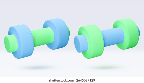 Blue and green Dumbbell Realistic icon, 3d render. Isolated on white backround. Sport And Fitness design set. Vector illustration for shop, flyer, banner, web, advertising, sale