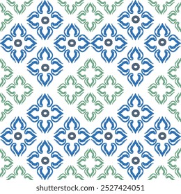 Bordado azul y verde, motivo étnico ikat ilustración textil sin costuras, estampado de rayas ornamento, patrón, diseño para envolver, seda, bufanda, ropa, fondo, textil, alfombras, cortinas.