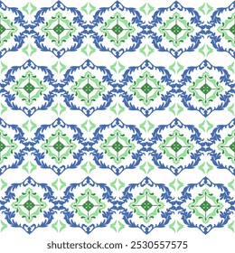 Blue and green embroidery, motif ethnic ikat seamless textile illustration, print striped ornament, pattern, design for wrapping, silk, scarf, clothing, background, textile, carpets, curtains.
