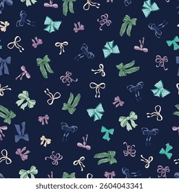 blue, green, emerald Bow knots, gift bows seamless pattern. Coquette Bow Wedding, party gift texture