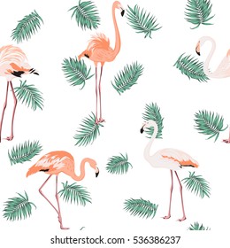 Blue green exotic tropical palm leaves and pink flamingo birds. Loose random seamless pattern on white background. Vector design illustration.