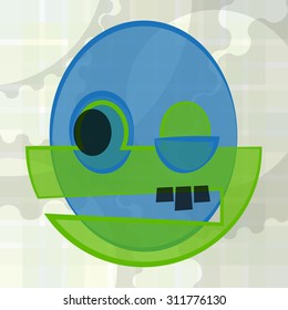 blue and green face with black eye and teeth on a background with gears - abstract illustration 