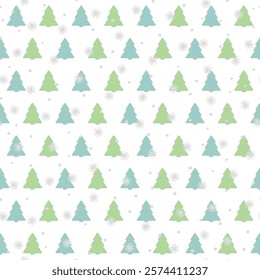 blue and green fir-trees, gray snowflakes. winter repetitive background. vector seamless pattern. fabric swatch. wrapping paper. continuous design template for greeting card, textile, home decor