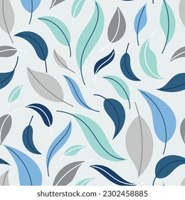 Blue and green flat organic leaves in different shapes. Vector seamless floral monochrome pattern.