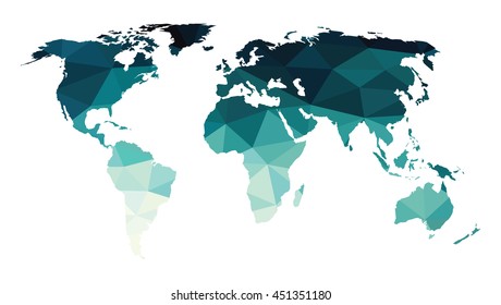 Blue green flat world map low polygon background isolated on white, gradient shadow crystal style