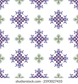 Blue and green floral damask vintage seamless pattern with border ornament design. Vector illustration. Idea for wallpaper, textiles, pottery, and tiles.