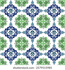 Blue and green floral ikat embroidery seamless background pattern with floral motifs. Design for wallpaper, carpet, curtains, tiles, blankets, and clothing.