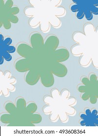 Blue and green flower pattern with outline over blue background