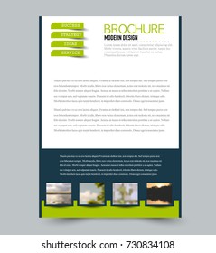 Blue and green flyer design template with built in images. Brochure for business, education, presentation, advertisement. Corporate identity style concept. Editable vector illustration.