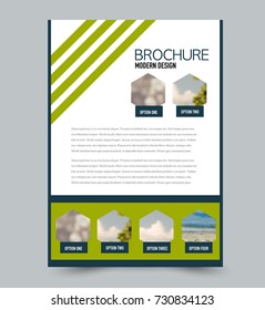 Blue and green flyer design template with built in images. Brochure for business, education, presentation, advertisement. Corporate identity style concept. Editable vector illustration.