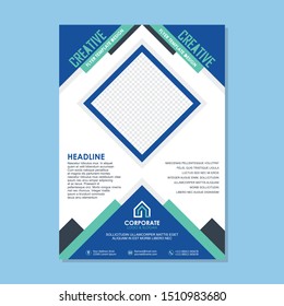 Blue and green flyer template design, with stylish geometric design,and blank area for your media or photo. simple modern and luxury design for brochure, banner, cover and other