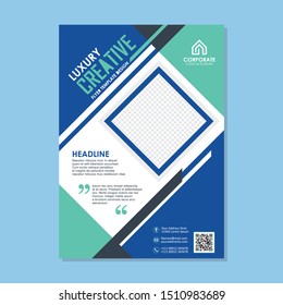 Blue and green flyer template design, with stylish geometric design,and blank area for your media or photo. simple modern and luxury design for brochure, banner, cover and other