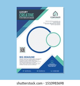Blue and green flyer template design, with stylish geometric design,and blank area for your media or photo. simple modern and luxury design for brochure, banner, cover and other