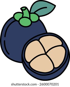 A blue and green fruit with a green leaf on top. The fruit is a mango. The fruit is cut in half and the inside is shown