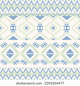 Blue and green geometric abstract seamless tribal ethnic Aztec pattern. Native American style, Navajo pattern. Wallpaper, fabric edge, carpet, rugs, and curtains.