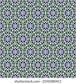 Blue green geometric background with stars. Holiday seamless pattern with snowflakes. Winter stained glass of geometric shapes. Christmas ornamental decor in mosaic style for textile and gift paper
