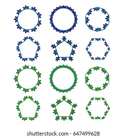 Blue and Green Geometric Floral Symbols Minimalistic Photo Frames for Web Design, Set of Twelve - Vector Illustration