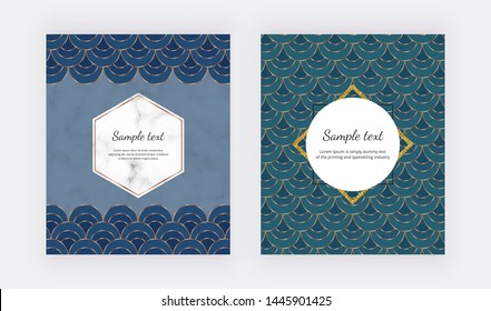 Blue and green geometric mermaid design with golden lines and polygonal frames, scale fish shapes. Trendy template for banner, flyer, poster, greeting, wedding invitation
