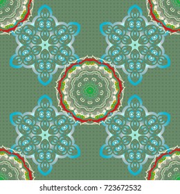 Blue and green geometric seamless pattern. Luxury motley pattern with abstract vector elements.
