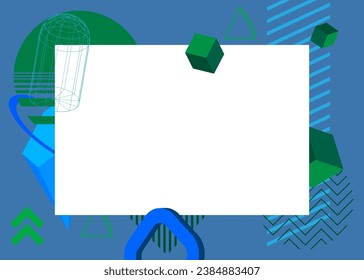 Blue and green geometrical graphic retro theme background with white place for text. Minimal geometric elements frame. Vintage abstract shapes vector illustration for advertising.