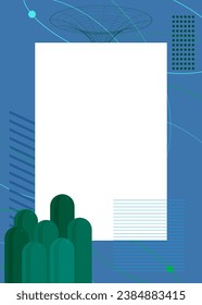 Blue and green geometrical graphic retro theme background with white place for text. Minimal geometric elements frame. Vintage abstract shapes vector illustration for advertising.