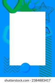 Blue and green geometrical graphic retro theme background with white place for text. Minimal geometric elements frame. Vintage abstract shapes vector illustration for advertising.