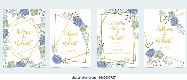 Blue green geometry wedding invitation with cactus and leaves.Vector birthday invitation for kid and baby.Editable element