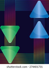 Blue and green  glass triangular plates with decoration colorful lines