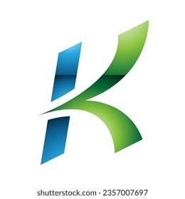 Blue and Green Glossy Italic Arrow Shaped Letter K Icon on a White Background