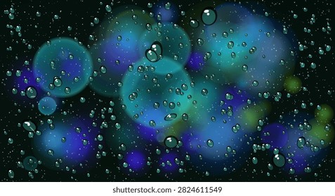 Blue and green glowing bokeh bubbles floating on dark surface background with scattered small particle design elements.