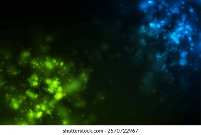 Blue and green glowing bokeh lights abstract background. Vector neon design