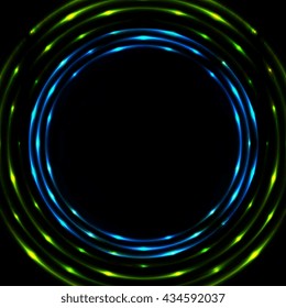 Blue green glowing circles background. Vector neon round circle shape glowing design