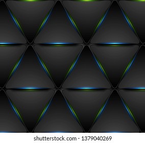 Blue and green glowing triangles tech pattern design. Vector background