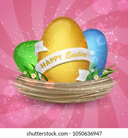 Blue, green, gold eggs with bokeh, ribbon and text Happy Easter in nest with grass and flowers on the pink spiral background. Vector illustration. Elements for banner, cards, poster, holiday, party.