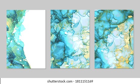 Blue, green, gold marble abstract backgrounds. Set of alcohol ink technique vector stone textures. Modern paint in natural colors with glitter. Template for banner, poster design. Fluid art painting