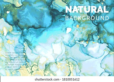 Texture bleue, verte et en pierre dorée, marbre. Technique d'alcool, arrière-plan vectoriel abstrait. Peinture de luxe moderne aux couleurs naturelles avec éclat. Modèle de bannière, création d'affiches. Peinture à la lucide