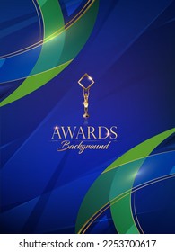 Blue Green Golden Side Curve Wave Award Background. Trophy on Luxury Background. Modern Abstract Design Template. LED Visual Motion Graphics. Wedding Marriage Invitation Poster. Certificate Design.