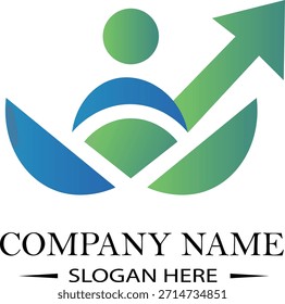 Figura humana abstracta degradada azul y verde con crecimiento de símbolo de logotipo de flecha hacia arriba
