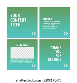 Blue and green gradient colored carousel post template for social media. Microblog style. Four page gradient colored social media post design.